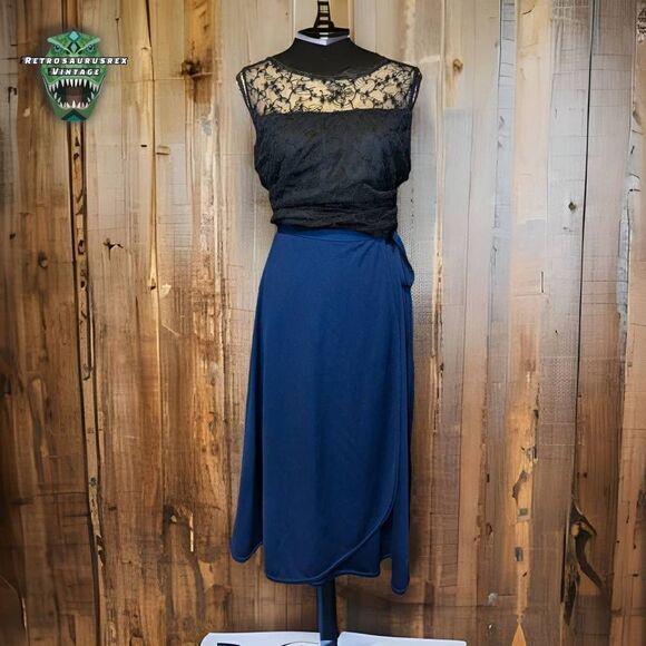 𝅺vintage Sears 1970's Pinup Navy Blue Polyester Wrap Skirt, One size - Picture 1 of 7